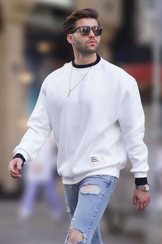 Ekru Erkek Bisiklet Yaka Oversize Şardonlu Arma Detaylı Erkek Sweatshirt 7043
