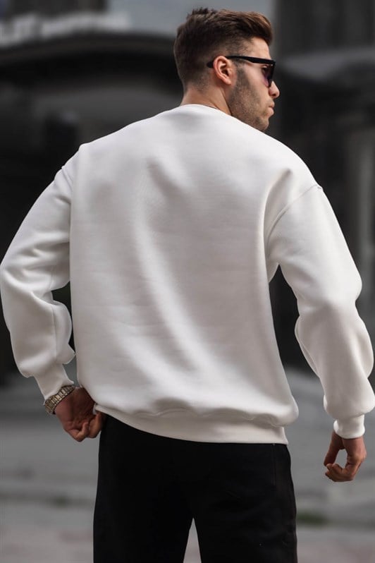 Ekru Bisiklet Yaka Oversize Şardonlu Basic Erkek Sweatshirt 6048