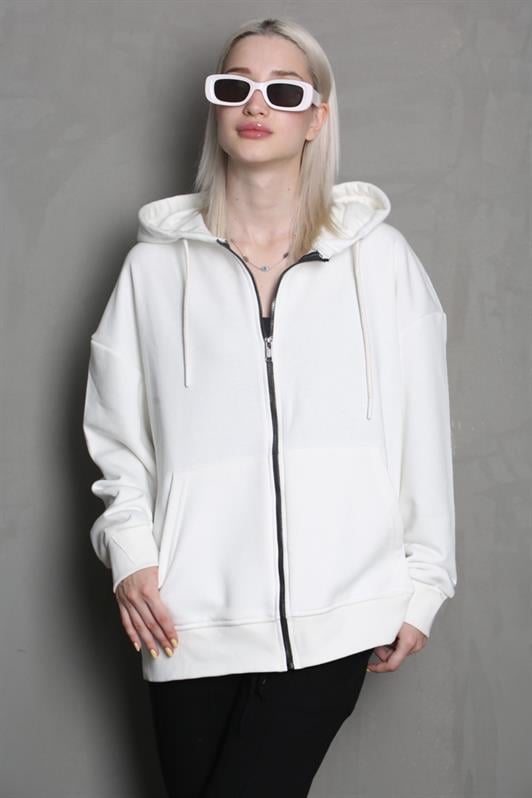 Ekru Kapüşonlu Basic Kadın Sweatshirt MG1900