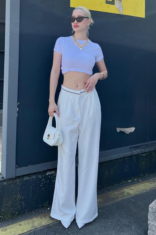 Ekru Kemer Detaylı Bol Paça Kadın Pantolon MG1834