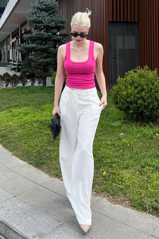 Ekru Kemerli Bol Paça Kadın Pantolon MG1992