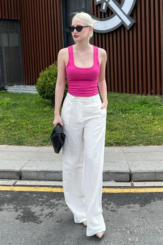 Ekru Kemerli Bol Paça Kadın Pantolon MG1992