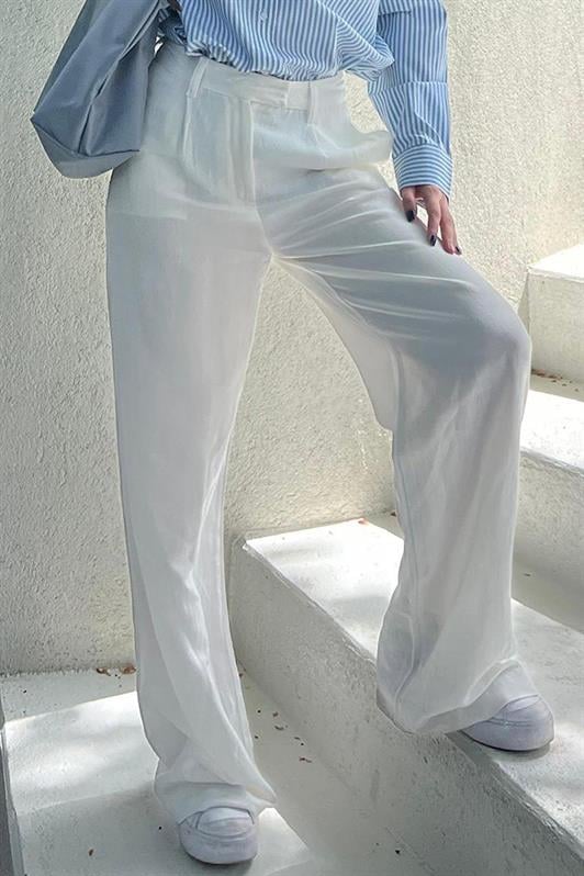 Ekru Kemerli Bol Paça Kadın Pantolon MG1992