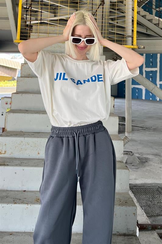 Ekru Oversize Baskılı Bisiklet Yaka Kısa Kollu Kadın Tişört MG2126