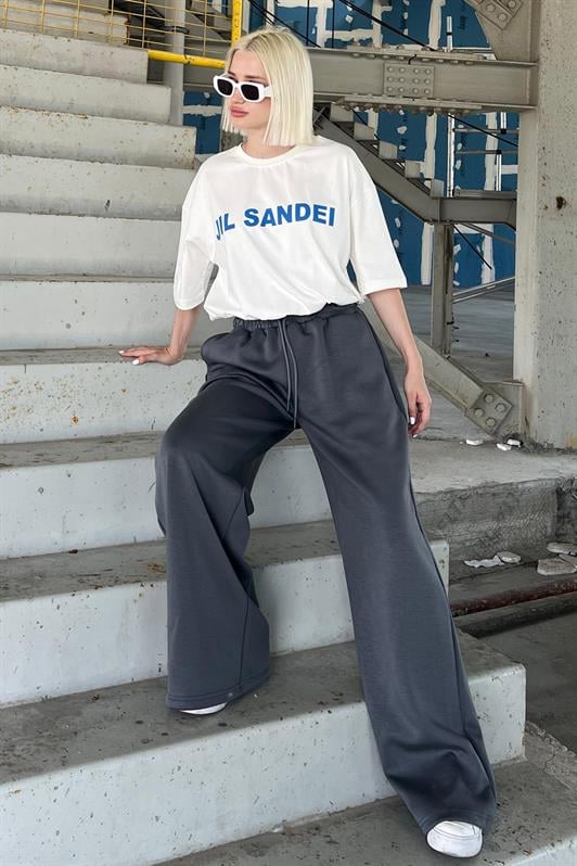 Ekru Oversize Baskılı Bisiklet Yaka Kısa Kollu Kadın Tişört MG2126