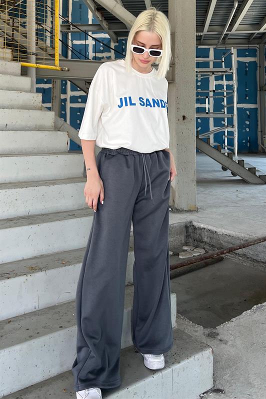 Ekru Oversize Baskılı Bisiklet Yaka Kısa Kollu Kadın Tişört MG2126