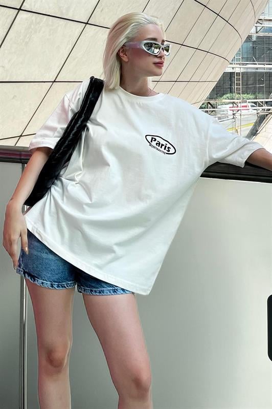 Ekru Oversize Sırt Baskılı Bisiklet Yaka Kısa Kollu Kadın Tişört MG2127
