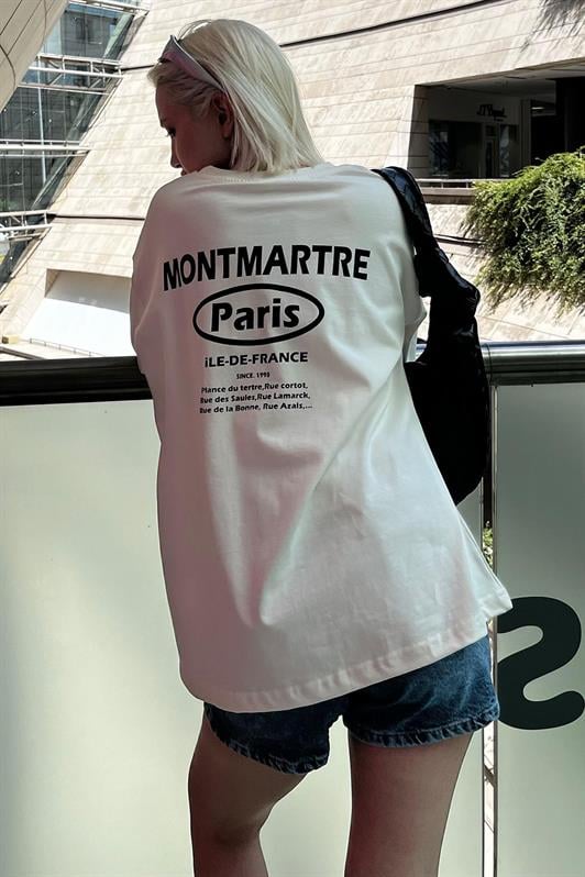 Ekru Oversize Sırt Baskılı Bisiklet Yaka Kısa Kollu Kadın Tişört MG2127