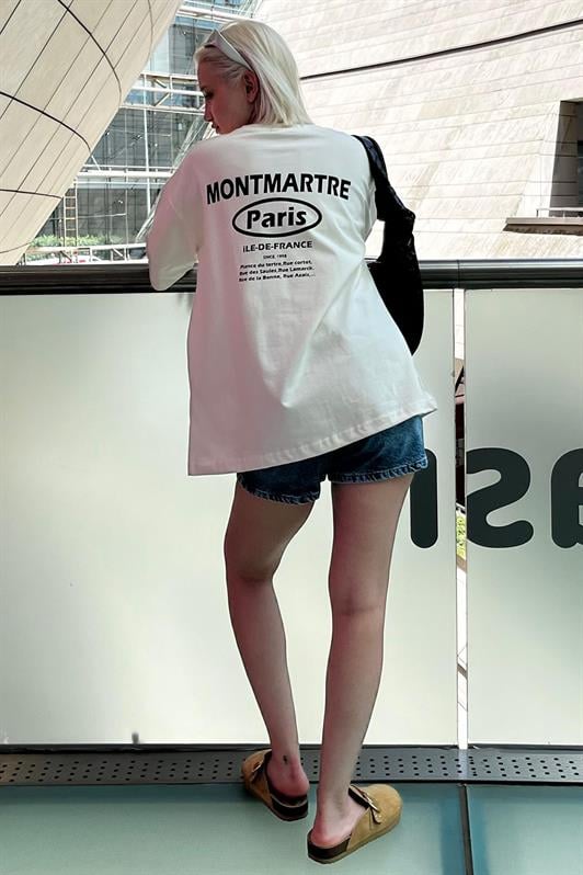 Ekru Oversize Sırt Baskılı Bisiklet Yaka Kısa Kollu Kadın Tişört MG2127