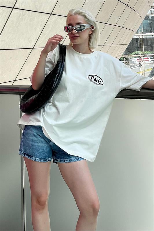 Ekru Oversize Sırt Baskılı Bisiklet Yaka Kısa Kollu Kadın Tişört MG2127