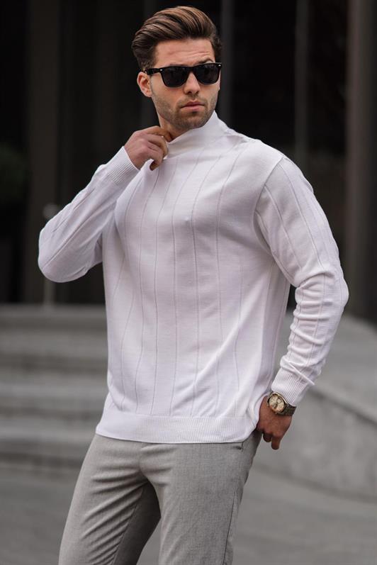 Ekru Slim Fit Yarım Balıkçı Yaka Çizgili Tüylenmeyen Erkek Triko Kazak 6344