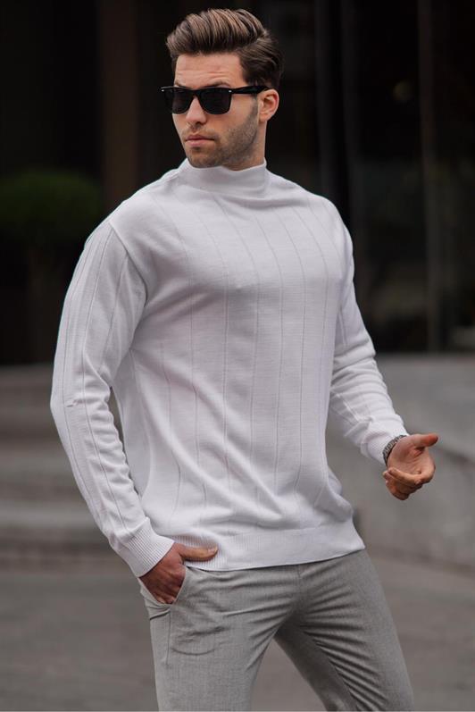 Ekru Slim Fit Yarım Balıkçı Yaka Çizgili Tüylenmeyen Erkek Triko Kazak 6344