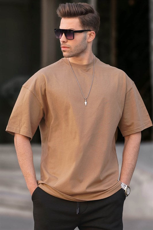 Erkek Kapuçino Oversize Fit Basic Tişört 6066