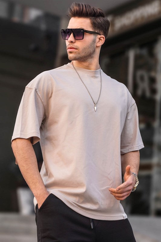 Erkek Taş Rengi Oversize Fit Basic Tişört 6066