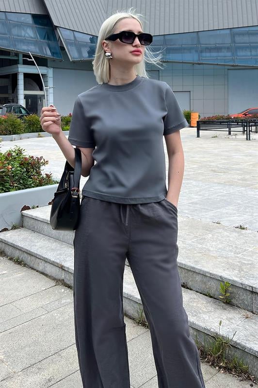 Füme Bisiklet Yaka Basic Kadın Tişört MG2075
