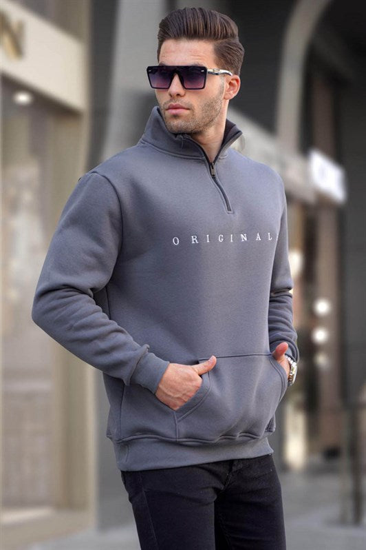 Füme Fermuar Yaka Nakışlı Erkek Sweatshirt 6028