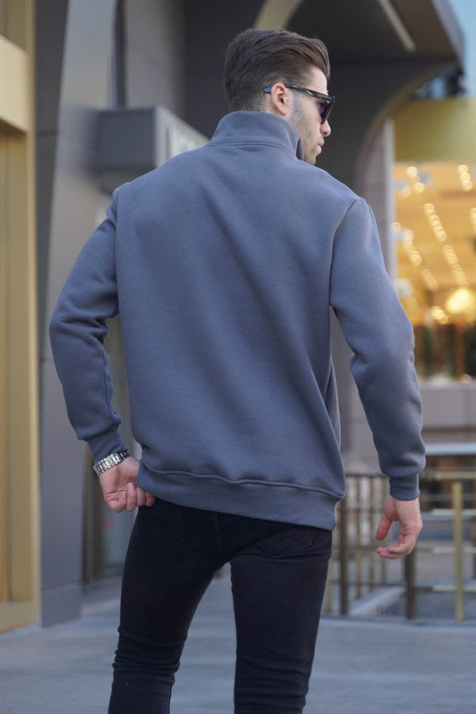 Füme Fermuar Yaka Nakışlı Erkek Sweatshirt 6028