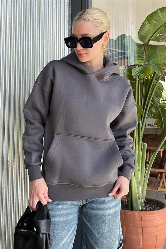 Füme Kapüşonlu Şardonlu Oversize Cepli Sweatshirt MG2206