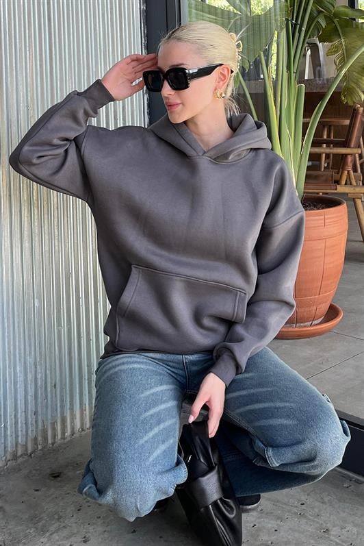 Füme Kapüşonlu Şardonlu Oversize Cepli Sweatshirt MG2206