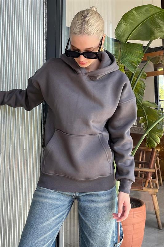 Füme Kapüşonlu Şardonlu Oversize Cepli Sweatshirt MG2206
