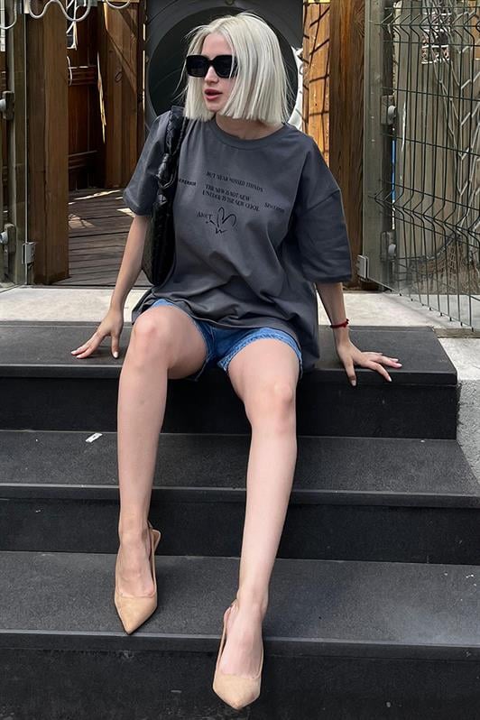 Füme Oversize Kalp Baskılı Bisiklet Yaka Kısa Kollu Kadın Tişört MG2129