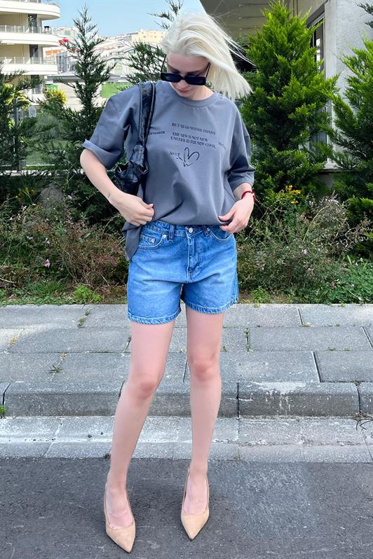 Füme Oversize Kalp Baskılı Bisiklet Yaka Kısa Kollu Kadın Tişört MG2129