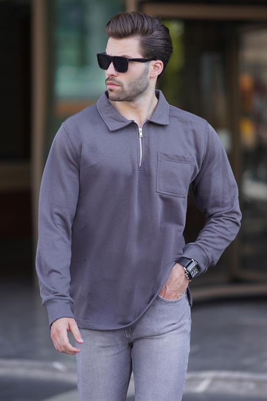 Füme Polo Yaka Fermuarlı Uzun Kollu Erkek Sweatshirt 7057
