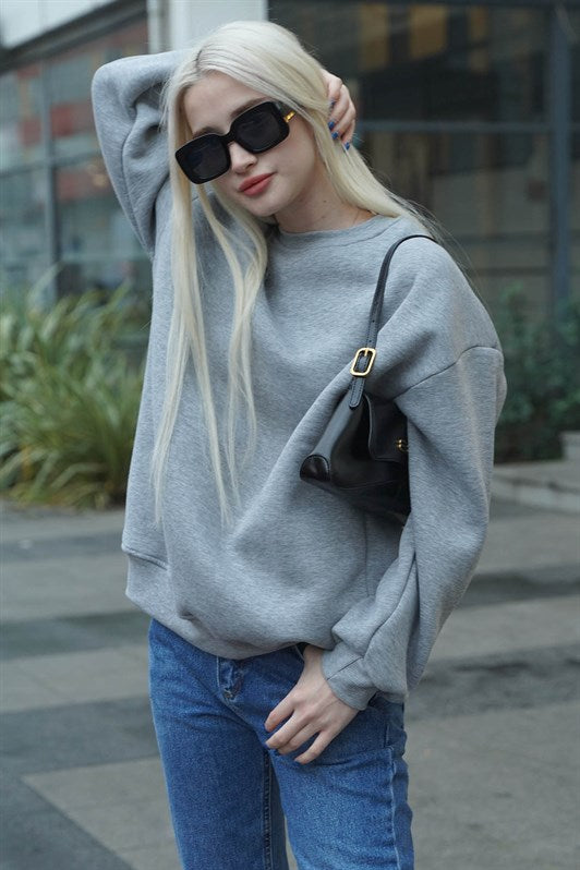 Gri Bisiklet Yaka Basic Kadın Sweatshirt MG1559
