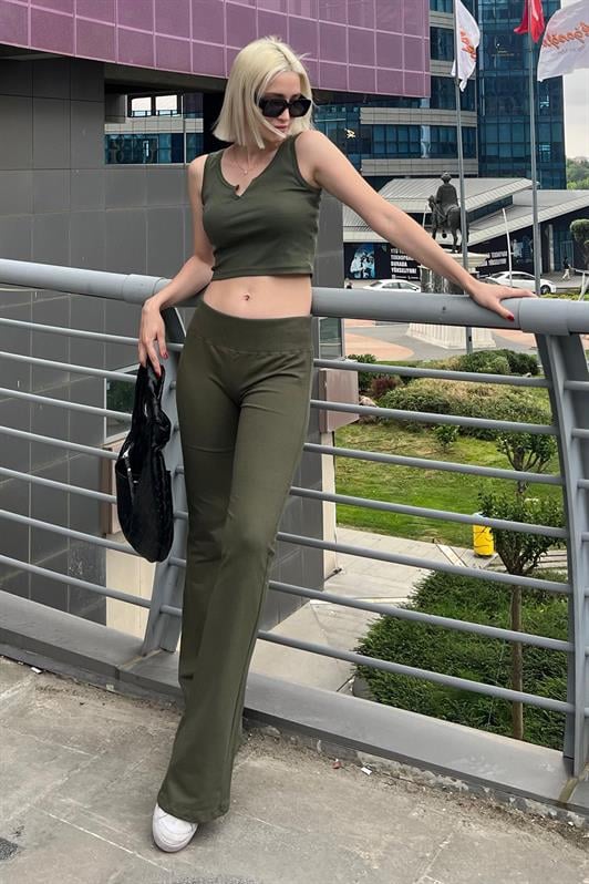 Haki Beli Fitilli Yüksek Bel İspanyol Paça Kadın Pantolon MG2096