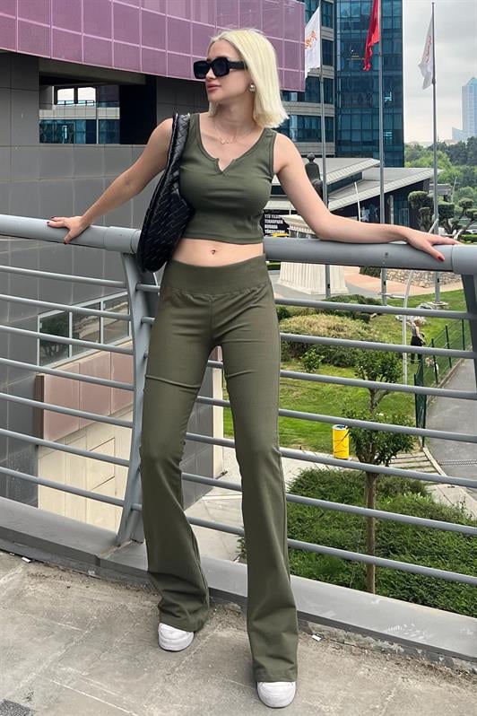 Haki Beli Fitilli Yüksek Bel İspanyol Paça Kadın Pantolon MG2096