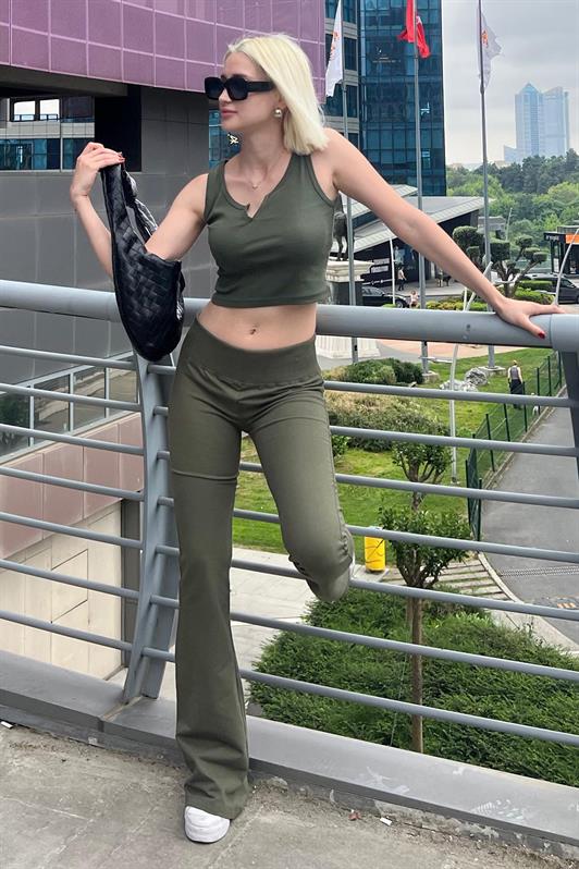 Haki Beli Fitilli Yüksek Bel İspanyol Paça Kadın Pantolon MG2096