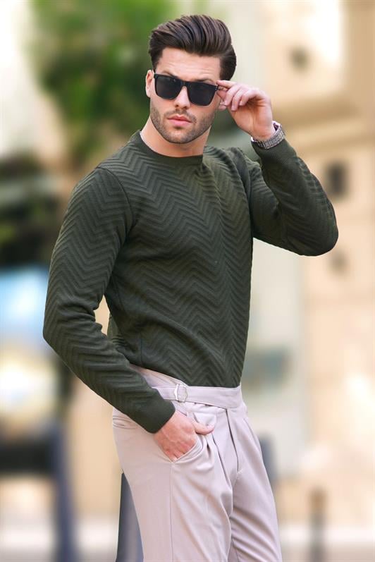 Haki Erkek Bisiklet Yaka Balıksırtı Desenli Uuzn Kollu Örme Kazak 7219