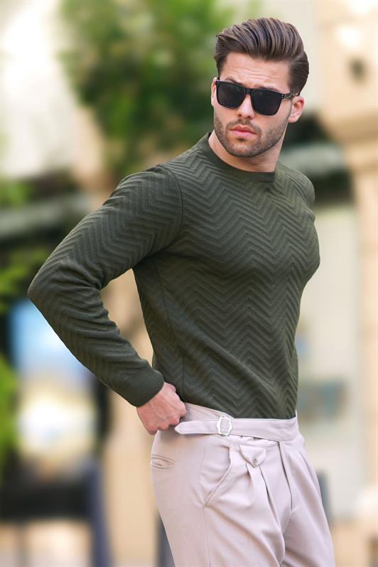 Haki Erkek Bisiklet Yaka Balıksırtı Desenli Uuzn Kollu Örme Kazak 7219