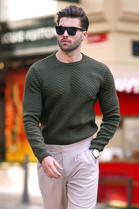 Haki Erkek Bisiklet Yaka Balıksırtı Desenli Uuzn Kollu Örme Kazak 7219