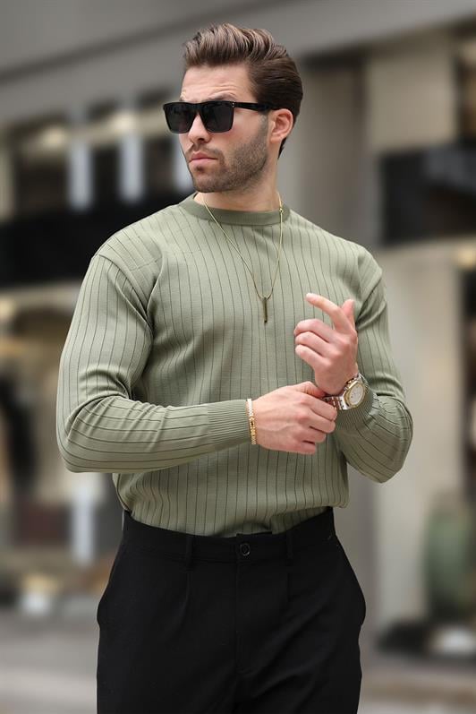 Haki Bisiklet Yaka Çizgili Uzun Kollu  Kazak E7273