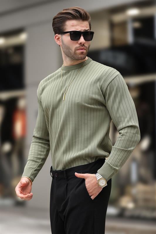 Haki Bisiklet Yaka Çizgili Uzun Kollu  Kazak E7273