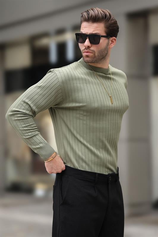 Haki Bisiklet Yaka Çizgili Uzun Kollu  Kazak E7273