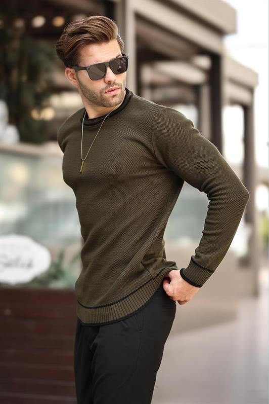 Haki Erkek Bisiklet Yaka Şerit Detaylı Uzun Kollu Örme Kazak 7245