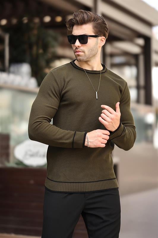 Haki Erkek Bisiklet Yaka Şerit Detaylı Uzun Kollu Örme Kazak 7245
