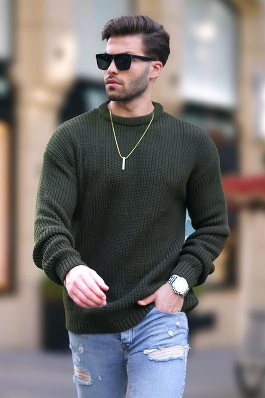 Haki Erkek Bisiklet Yaka Uzun Kollu Örme Kazak 7246