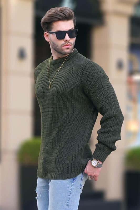 Haki Erkek Bisiklet Yaka Uzun Kollu Örme Kazak 7246