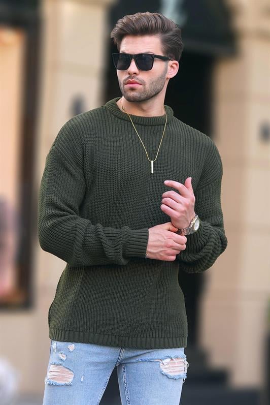Haki Erkek Bisiklet Yaka Uzun Kollu Örme Kazak 7246