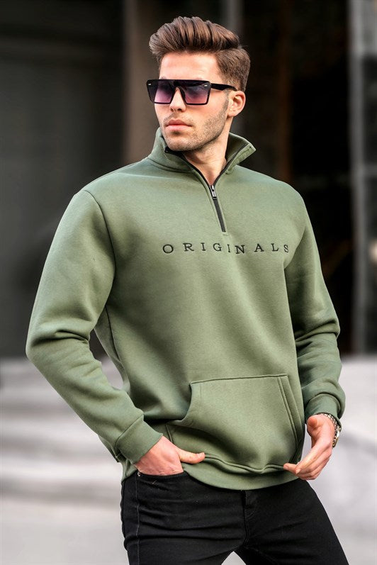 Haki Fermuar Yaka Nakışlı Erkek Sweatshirt 6028