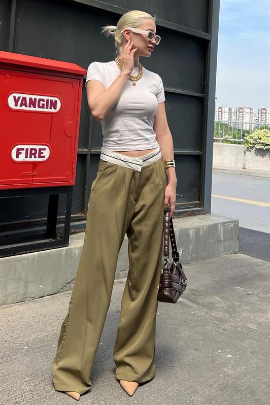 Haki Kemer Detaylı Bol Paça Kadın Pantolon MG1834