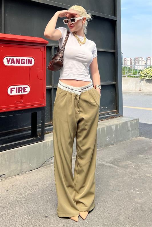 Haki Kemer Detaylı Bol Paça Kadın Pantolon MG1834