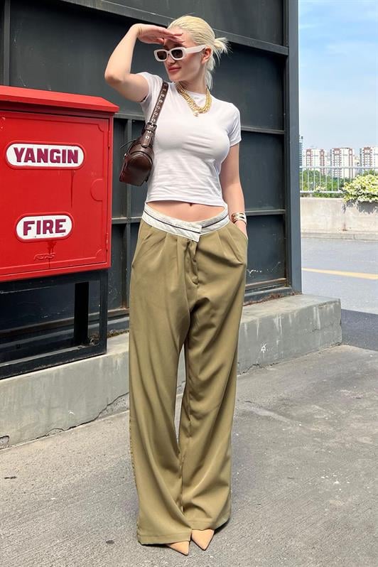 Haki Kemer Detaylı Bol Paça Kadın Pantolon MG1834