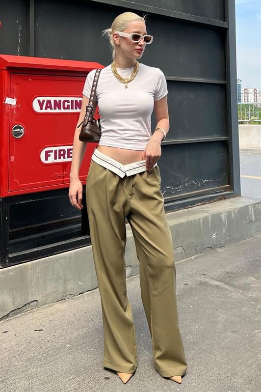 Haki Kemer Detaylı Bol Paça Kadın Pantolon MG1834