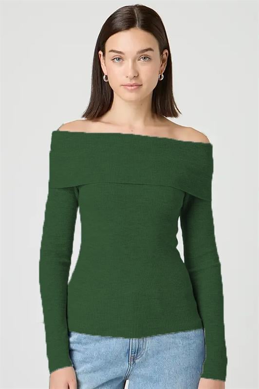 Haki Kadın Madonna Yaka Uzun Kollu Triko Kazak MG2184