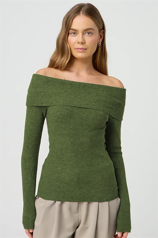 Haki Kadın Madonna Yaka Uzun Kollu Triko Kazak MG2184