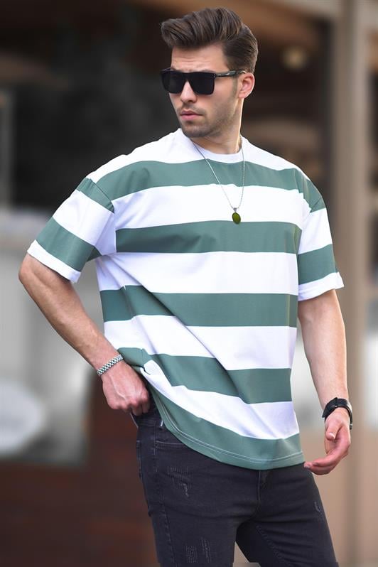 Haki Oversize Renk Bloklu Bisiklet Yaka Kısa Kollu Erkek Tişört 7030